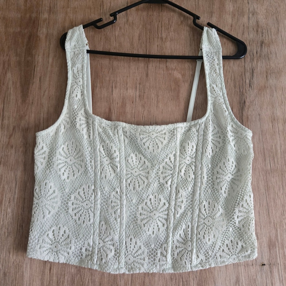AE Cottagecore Boho Mint Green Lace Corset Crop Top XL Smocked Back Sleeveless